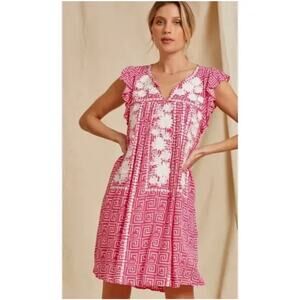 Savanna Jane Pink Embroidered Boho Shift Dress Med Cap Sleeve Geometric Floral